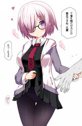  1boy black_dress black_pantyhose black_skirt blush bow bow_panties closed_mouth commentary_request cowboy_shot dress fate/grand_order fate_(series) female flying_sweatdrops glasses hair_over_one_eye heart hood hoodie legs_together lifting_own_clothes light_purple_hair looking_at_another mash_kyrielight open_clothes open_hoodie out_of_frame panties panties_under_pantyhose pantyhose pleated_skirt purple_eyes purple_hair sasago_kaze short_dress simple_background skirt solo_focus speech_bubble thigh_gap translation_request underwear white_background 