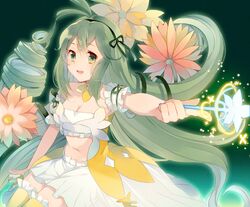  88_(kimidori_midori) alraune_(p&amp;d) bad_id bad_pixiv_id drill_hair female flower green_eyes green_hair hair_tie long_hair midriff monster_girl navel plant_girl puzzle_&amp;_dragons sitting thighhighs wand 