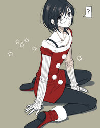  ? alternate_costume androgynous ayamiya_fumi banned_artist black_eyes black_hair black_legwear boots christmas crossdressing expressionless eyelashes glasses gowther looking_at_viewer male_focus nanatsu_no_taizai otoko_no_ko pantyhose santa_costume short_hair simple_background sitting solo speech_bubble tattoo 