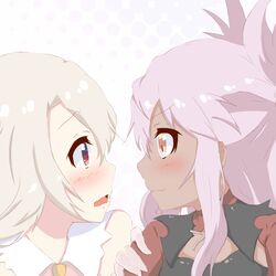  2girls armor bare_shoulders blonde_hair blush chloe_von_einzbern commentary_request dark-skinned_female dark_skin fate/kaleid_liner_prisma_illya fate_(series) hair_up illyasviel_von_einzbern long_hair magical_girl multiple_girls open_mouth pink_hair purple_eyes yasai_yuuki yellow_eyes yuri 