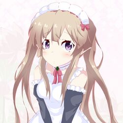  apron bare_shoulders blush bow bowtie brown_hair commentary_request detached_sleeves elf female frills hair_ribbon hairbow long_hair looking_at_viewer maid maid_apron maid_headdress myucel_foalan outbreak_company pointy_ears purple_eyes ribbon solo twintails yasai_yuuki 