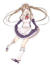  apron bad_id bad_pixiv_id black_dress brown_hair choker collarbone detached_sleeves dress female floating_hair frilled_dress frills full_body haine head_tilt highres kneehighs long_hair looking_at_viewer maid maid_headdress myucel_foalan open_mouth outbreak_company pointy_ears purple_eyes red_ribbon ribbon short_dress simple_background skirt_hold sleeveless sleeveless_dress socks solo twintails very_long_hair white_apron white_background white_socks 