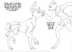  anthro antlers arania barefoot bottomwear breasts cleavage clothed clothing deer dialogue duo ear_piercing english_text facial_piercing feet female feral hair herm_(lore) hooves horn keith_(tcitw) kilt male maleherm_(lore) mammal monochrome murid murine nose_piercing piercing piper_(tcitw) rat rodent scut_tail shirt short_tail skirt tail tank_top text the_cabin_in_the_woods_(arania) topwear 