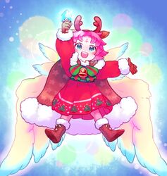  antlers arm_up bell boots bow brown_gloves cape d0o00o0b dress facial_mark fae_(fire_emblem) fae_(winter)_(fire_emblem) female fire_emblem fire_emblem:_the_binding_blade fire_emblem_heroes forehead_mark full_body fur_trim gloves green_eyes horns long_sleeves open_mouth purple_hair reindeer_antlers short_hair solo wings 