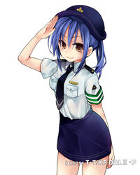  arm_behind_back arm_up armband black_necktie blue_hair blue_hat blue_skirt brown_eyes commentary_request cowboy_shot date_a_live female grey_shirt hair_between_eyes hat hibiki_mio long_hair miniskirt necktie police police_hat police_uniform policewoman ponytail salute shirt short_sleeves simple_background skirt smile solo standing takamiya_mana uniform white_background 