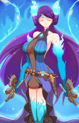  aqua_fire aqua_thighhighs aura bad_id bad_twitter_id bare_shoulders belt big_hair breasts brighid_(xenoblade) center_opening cleavage closed_eyes closed_mouth collarbone commentary dual_wielding english_commentary facing_viewer female fire gloves gold_trim hair_spread_out highres holding jellcaps long_hair loose_belt navel purple_hair see-through sideboob simple_background smile solo sword thighhighs very_long_hair weapon xenoblade_chronicles_(series) xenoblade_chronicles_2 