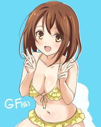  :d bikini blue_background breasts brown_eyes brown_hair cleavage commentary_request copyright_name double_v female frilled_bikini frills front-tie_top girlfriend_(kari) navel open_mouth shiina_kokomi short_hair smile solo swimsuit turkey_min v yellow_bikini 