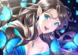  2022 artist_name bare_shoulders blue_butterfly blue_dress blue_eyes breasts brown_hair bug butterfly cleavage commentary_request copyright_notice crystal_earrings dress earrings eyelashes female glint hair_behind_ear jewelry long_hair medium_breasts mito_amatsu necklace off-shoulder_dress off_shoulder open_mouth original pointy_ears portrait smile solo watermark wavy_hair 