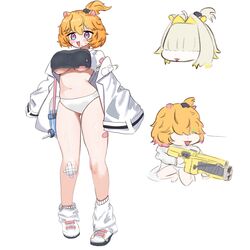  2girls absurdres animal_ears baggy_socks blush boomstick_(nikke) bow bowtie breasts cosplay crop_top crop_top_overhang eimi_isami elegg_(nikke) eurgerkingwitae full_body fusion goddess_of_victory:_nikke gun hair_intakes hair_over_eyes hamster_ears hamster_girl highres holding holding_gun holding_weapon large_breasts long_bangs long_sleeves multiple_girls navel off_shoulder open_mouth orange_bow orange_bowtie orange_hair phase_connect purple_eyes shoes simple_background sleeves_past_wrists smile standing sweat two-tone_eyes underboob upright_ahoge virtual_youtuber weapon white_background wide_sleeves 