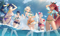  5girls :o ahoge alexa_(epic_seven) aqua_eyes arm_strap arm_up armpit_crease arms_up ass ass_lift bare_shoulders bellona_(epic_seven) belt bikini bikini_skirt black_bikini black_choker black_horns black_ribbon black_tail black_trim blue_hair blue_shorts blue_sky bow bowtie bracelet braid braided_bangs breasts brown_belt cermia_(epic_seven) cermia_(swimsuit_cermia)_(epic_seven) choker cloud collarbone criss-cross_halter cropped_shirt cross-shaped_pupils dagger day double-parted_bangs double_bun epic_seven floral_print_shirt floral_print_skirt flower flower_request frilled_bikini frilled_straps frills from_behind from_below front-tie_top gem gold_thighlet gradient_hair green_bikini green_bracelet green_gemstone hair_between_eyes hair_bun hair_flower hair_ornament hair_ribbon halterneck hand_on_own_ass hand_on_own_head hand_on_own_hip high_ponytail highres holiday_yufine_(epic_seven) horns impossible_clothes impossible_swimsuit inflatable_toy iseria_(epic_seven) jewelry knife large_breasts long_hair looking_at_viewer looking_back medium_breasts medium_hair multicolored_hair multiple_girls navel oerba_yun_fang open_mouth orange_belt orange_eyes outdoors pink_bikini pink_flower pointy_ears ponytail purple_bikini purple_eyes purple_hair red_flower red_hair ribbon ribbon_earrings sarong seaside_bellona_(epic_seven) serelith shin_strap shirt short_shorts short_sleeves shorts sidelocks single_braid single_thighhigh skin_fang sky sleeveless sleeveless_shirt smile spiked_tail standing strapless strapless_bikini summer&#039;s_disciple_alexa_(epic_seven) summertime_iseria_(epic_seven) sunlight swimsuit symbol-shaped_pupils tail tassel teeth thick_eyelashes thigh_strap thighhighs thighs tied_shirt tree upper_teeth_only v-shaped_eyebrows very_long_hair wading water weapon white_bikini white_flower white_hair white_sarong white_shirt white_thighhighs yellow_bikini yellow_bow yellow_bowtie yellow_flower yufine_(epic_seven) 