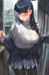  black_bra black_hair black_pantyhose black_skirt blue_archive blush bra breasts bright_pupils cowboy_shot female hair_ornament hairpin halo highres indoors kawai_(purplrpouni) large_breasts long_hair long_sleeves looking_at_viewer open_mouth pantyhose pleated_skirt red_eyes ribbed_sweater rio_(blue_archive) see-through skirt solo sweater underwear wet wet_clothes wet_sweater white_pupils white_sweater 