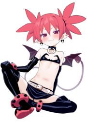  bat_wings belt black_skirt closed_mouth commentary demon_girl demon_tail disgaea earrings etna_(disgaea) female flat_chest hair_between_eyes highres jewelry looking_at_viewer navel qusouzu_mogari red_hair short_hair simple_background sitting skirt skull_earrings solo tail twintails white_background white_belt wings 