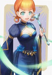  annette_fantine_dominic blue_dress blue_eyes border cleavage_cutout clothing_cutout dated dress eyelashes female fire_emblem fire_emblem:_three_houses fon-due_(fonfon) glint hair_rings holding holding_scepter looking_at_viewer open_mouth scepter short_hair signature solo white_border wide_sleeves 