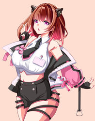  absurdres akai_watame black_gloves black_necktie black_shorts breasts brown_background brown_hair buttons capybara_ears capybara_girl collared_shirt commentary_request cowboy_shot crop_top earrings extra_eyes female fingerless_gloves gloves gradient_hair highres id_card jewelry large_breasts looking_at_viewer medium_bangs medium_hair midriff multicolored_hair nanashi_inc. necktie open_mouth pink_eyes pink_hair shirt shorts simple_background sleeveless sleeveless_shirt solo stud_earrings thigh_strap virtual_youtuber w white_shirt yunohara_izumi 