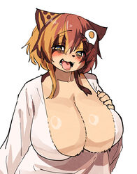  animal_ears animal_nose bags_under_eyes blush body_fur breasts brown_hair cleavage egg_hair_ornament female food-themed_hair_ornament furry furry_female hair_between_eyes hair_ornament hairclip head_tilt highres huge_breasts kagarimachi_konatsu looking_at_viewer multicolored_hair nekotsuki_kohime_(kagarimachi_konatsu) open_mouth original sidelocks simple_background solo tareme tongue tongue_out upper_body white_background yellow_eyes 