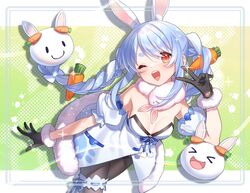  2others animal_ears black_pantyhose blue_hair braid breasts dress female hololive leaning_forward long_hair looking_at_viewer medium_breasts multicolored_hair multiple_others one_eye_closed open_mouth pantyhose pekomon_(usada_pekora) rabbit_ears rabbit_girl red_eyes smile tatata_n3b7 teeth thick_eyebrows tongue twin_braids upper_teeth_only usada_pekora usada_pekora_(1st_costume) virtual_youtuber white_dress white_hair 