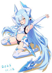  armpits blue_hair breasts crop_top detached_sleeves female haze/reverb headgear highres long_hair mechanical_tail mittshiva navel one_eye_closed papiyon1297 pointy_ears simple_background sitting small_breasts solo stretching symbol-shaped_pupils tail thighhighs very_long_hair wariza white_background white_thighhighs x-shaped_pupils yawning yellow_eyes 