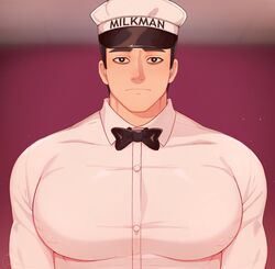  1boy absurdres bara black_hair blurry blurry_background bow bowtie closed_mouth collared_shirt francis_mosses hat highres huge_pectorals looking_at_viewer male_focus muscular muscular_male pectorals rapbitan shirt short_hair solo that&#039;s_not_my_neighbor white_shirt 