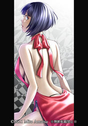  2021 artist_name backless_dress backless_outfit black_hair blue_eyes blunt_bangs bob_cut breasts commentary_request dress eyeshadow female from_behind halterneck highleg highleg_panties highres large_breasts looking_back makeup medium_hair mito_amatsu original panties pillarboxed pink_dress pink_eyeshadow side_slit sideboob solo translation_request underwear watermark zipper 