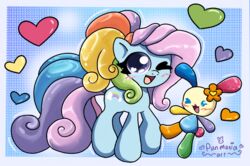  anthro colorful_theme crossover duo earth_pony equid equine female feral flower hair hasbro heart_eyes heart_symbol hi_res horse lagomorph leporid mammal mlp_g3 mlp_g3.5 my_little_pony my_little_pony_(2009) one_eye_closed plant pony ponytail punmania rabbit rainbow_dash_(g3) sanrio smile usahana wink 