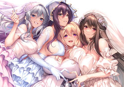  4girls amakano_2 blonde_hair blue_dress blue_eyes breasts brown_hair dress green_eyes himiyama_rei kurohime_yuuhi large_breasts long_hair multiple_girls piromizu purple_eyes purple_hair red_eyes sara_(amakano_2) smile tsutamachi_chitose white_background white_dress white_hair 