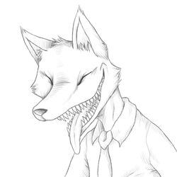  1:1 2013 anthro bust_portrait canid canine closed_eyes clothed clothing digital_drawing_(artwork) digital_media_(artwork) fox fur greyscale inner_ear_fluff male mammal monochrome necktie open_mouth open_smile portrait red_(rq) ruby_quest sharp_teeth shirt simple_background smile snout snuddisecrets solo teeth three-quarter_view tongue tongue_out topwear tuft white_background 