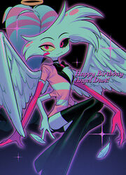  angel angel_dust anthro arachnid arthropod birthday brother_(lore) brother_and_sister_(lore) clothed clothing duo enaic31 english_text female halo hazbin_hotel hi_res male molly_(hazbin_hotel) sibling_(lore) sister_(lore) solo_focus spider text wings 