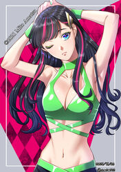  adjusting_hair argyle_background armpits black_hair blue_eyes bracelet breasts cleavage cleavage_cutout clothing_cutout commentary_request copyright_notice crop_top dated eyebrows_hidden_by_hair eyeliner female frown green_eyeliner green_nails groin hair_ornament halterneck highres jewelry long_hair makeup medium_breasts midriff mito_amatsu multicolored_hair navel original pink_hair solo streaked_hair swept_bangs twitter_username 