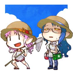  2girls alternate_costume bag bandaid bandaid_on_knee bandaid_on_leg black_eyes blue_background blue_footwear blue_hair blush border breasts butterfly_net chibi cloud commentary_request denim double_bun full_body glasses goki_(voicevox) hair_bun half-closed_eyes hand_net hat highres holding holding_butterfly_net insect_cage jeans kuron_(uhhr2odhrppc5nw) large_breasts long_hair looking_up multiple_girls no_socks oerba_yun_fang onikko_hunter_tsuina-chan open_mouth outside_border pants pink_hair pointy_ears ponytail red_shorts sandals shade shirt shoes short_shorts short_sleeves shorts shoulder_bag smile standing straw_hat summer sun_hat sweat t-shirt tank_top towel towel_around_neck tsuina-chan voiceroid voicevox white_border white_shirt white_tank_top yellow_eyes |_| 