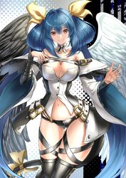  angel_wings asymmetrical_wings bare_shoulders black_panties black_pantyhose black_sleeves black_thighhighs black_wings blue_hair breasts cleavage detached_collar dizzy_(guilty_gear) feathered_wings female guilty_gear guilty_gear_xrd hair_ribbon highres kaijin-m large_breasts long_sleeves looking_at_viewer navel panties pantyhose red_eyes revealing_clothes ribbon solo thigh_gap thigh_strap thighhighs thighs underwear white_sleeves white_wings wide_sleeves wings yellow_ribbon 