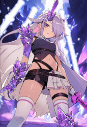  alternate_breast_size alternate_costume alternate_hairstyle commentary crop_top crystal female gloves grey_hair hair_over_one_eye half-skirt highres hololive hololive_english horns katana koseki_bijou long_hair material_growth midriff navel parted_lips popo_(popo0cat) purple_eyes shorts single_horn skindentation solo sword thigh_strap thighhighs very_long_hair virtual_youtuber weapon 