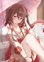  absurdres armlet bare_legs bare_shoulders blush boo_tao_(genshin_impact) bow bracelet breasts brown_hair embarrassed female floral_print flower-shaped_pupils genshin_impact ghost hand_in_own_hair highres hu_tao_(genshin_impact) japanese_clothes jewelry kimono knee_up kosame_no_yui long_hair looking_at_viewer open_clothes open_kimono open_mouth pink_kimono red_bow red_bracelet red_eyes sitting small_breasts solo symbol-shaped_pupils thighs umbrella yukata 