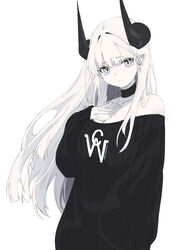  absurdres black_choker black_sweater breasts cake_walker choker cleavage commentary female grey_eyes hand_up highres horns long_hair long_sleeves looking_at_viewer medium_breasts off-shoulder_sweater off_shoulder original pale_skin parted_lips pointy_ears puffy_long_sleeves puffy_sleeves ribbed_sweater simple_background sleeves_past_wrists solo sweater symbol-only_commentary upper_body very_long_hair white_background white_hair 