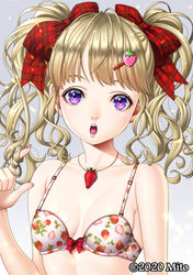  2020 :o artist_name blonde_hair bow bow_bra bra breasts commentary_request curly_hair eyebrows_hidden_by_hair female food-themed_hair_ornament food_print hair_ornament hairbow hairclip hand_in_own_hair highres jewelry mito_amatsu necklace open_mouth original pink_nails plaid plaid_bow purple_eyes red_bow small_breasts solo strawberry_hair_ornament strawberry_print twintails underwear white_bra 