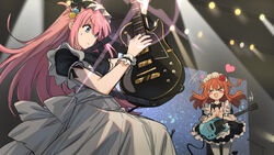  &gt;_&lt; 2girls apron band-maid blue_eyes blush blush_stickers bocchi_the_rock! bow clapping cube_hair_ornament dress electric_guitar flower frills gibson_les_paul gotoh_hitori guitar hair_between_eyes hair_flower hair_ornament heart highres holding holding_instrument instrument kita_ikuyo long_hair maid maid_apron maid_headdress multiple_girls music open_mouth pink_hair playing_instrument red_flower red_hair red_rose rose sanada_(tony2035176) smile stage_lights sweat 