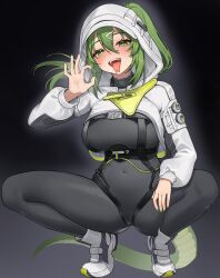  absurdres arknights arknights:_endfield black_bodysuit bodysuit breasts cameltoe commentary covered_navel fellatio_gesture female fluorite_(arknights) forked_tongue green_eyes green_hair green_tail highres hood hood_up iffyru large_breasts long_hair looking_at_viewer open_mouth shoes shrug_(clothing) simple_background snake_girl snake_tail solo squatting tail tongue tongue_out white_hood white_shoes white_shrug 