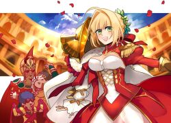  3boys ahoge black_sclera blonde_hair breasts caligula_(fate) cleavage colored_sclera commentary_request epaulettes fate/grand_order fate_(series) female gaius_julius_caesar_(fate) goshiko86g green_eyes helmet highres juliet_sleeves large_breasts long_sleeves looking_at_viewer multiple_boys nero_claudius_(fate) open_mouth petals puffy_sleeves red_eyes romulus_(fate) rose_petals single_epaulette 