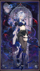  absurdres black_gloves black_jacket black_pantyhose black_shorts black_thighhighs black_wings blue_bra bra breasts chinese_commentary closed_mouth commentary_request cropped_jacket earrings female galbrena_(wuthering_waves) gloves grey_hair hand_up highres holstered jacket jewelry looking_at_viewer medium_breasts medium_hair navel pantyhose purple_eyes qianqianjie shorts single_leg_pantyhose single_thighhigh single_wing solo stomach thighhighs thighs underwear wings wuthering_waves 