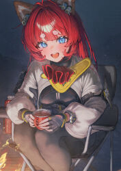  :d akekuri_(arknights) animal_ear_fluff animal_ears arknights arknights:_endfield betabeet black_bodysuit blue_eyes blush bodysuit campfire coffee commentary cup female fingerless_gloves gloves grey_gloves highres holding holding_cup long_hair looking_at_viewer open_mouth red_hair shrug_(clothing) sitting smile solo teeth upper_teeth_only white_shrug 