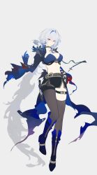  black_gloves black_jacket black_pantyhose black_shorts black_thighhighs blue_bra boots bra closed_mouth cropped_jacket feathered_wings female galbrena_(wuthering_waves) gloves gold_choker grey_background grey_hair hair_between_eyes hand_up highres holstered jacket looking_at_viewer medium_hair pantyhose purple_eyes qianqianjie shorts simple_background single_leg_pantyhose single_thighhigh single_wing solo stomach thighhighs underwear unfinished wings wuthering_waves 