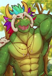  abs anthro bodily_fluids bodypaint darkenstardragon embarrassed face_paint green_body half-length_portrait hand_behind_head headdress hi_res jewelry lihzahrd lizard male multicolored_body muscular muscular_anthro muscular_male necklace outside pecs plant portrait purple_eyes raised_arm reptile scalie shimmered_witch_doctor skull_accessory skull_helmet smile solo sweat sweatdrop terraria trapezius tree tribal tribal_clothing two_tone_body witch_doctor_(terraria) yellow_sclera 