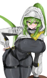  arknights arknights:_endfield black_bodysuit black_gloves bodysuit breasts commentary doubleuww1 female fingerless_gloves fluorite_(arknights) gloves green_eyes green_hair hair_between_eyes hair_through_headwear hood hood_up hooded_shrug large_breasts leaning_forward lizard_tail long_sleeves looking_at_viewer puffy_long_sleeves puffy_sleeves reptile_girl shrug_(clothing) simple_background smile solo tail white_background white_shrug 