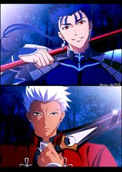  2boys akujiki59 archer_(fate) armor artist_name blue_hair brown_eyes commentary_request cu_chulainn_(fate) cu_chulainn_(fate/stay_night) earrings fate/grand_order fate/stay_night fate_(series) floating_hair glint hand_up holding jewelry long_hair looking_at_viewer male_focus multiple_boys official_style parted_lips ponytail red_eyes short_hair shoulder_plates smile smirk spiked_hair upper_body white_hair 