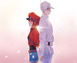  1boy absurdres ae-3803 back-to-back belt black_eyes blue_shrimp blush brown_eyes closed_mouth commentary_request denim denim_shorts embarrassed female hat hataraku_saibou highres holding_hands long_sleeves looking_at_another messy_hair photoshop_(medium) red_belt red_blood_cell_(hataraku_saibou) red_hair red_headwear short_hair short_sleeves shorts u-1146 white_belt white_blood_cell_(hataraku_saibou) white_hair white_headwear 