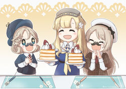  3girls alternate_costume ane_hoshimaru blonde_hair blue_eyes blue_shirt closed_eyes commission cosplay double_bun facial_hair fake_facial_hair fake_mustache fletcher_(kancolle) food fork hair_bun hair_ornament holding holding_plate janus_(kancolle) jervis_(kancolle) kantai_collection knife long_hair long_sleeves moustache multiple_girls neckerchief off_shoulder pancake plate sailor_collar school_uniform serafuku sherlock_holmes sherlock_holmes_(cosplay) shirt skeb_commission star_(symbol) star_hair_ornament white_sailor_collar yellow_neckerchief 