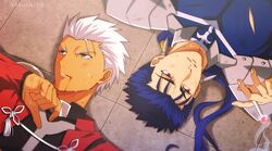  2boys akujiki59 archer_(fate) artist_name blood blood_on_face blue_hair cigarette commentary_request cu_chulainn_(fate) cu_chulainn_(fate/stay_night) dark-skinned_male dark_skin fate/grand_order fate/stay_night fate_(series) from_above hand_up holding holding_cigarette looking_to_the_side lying male_focus multiple_boys on_back parted_lips red_eyes ribbon short_hair shoulder_plates smoking spiked_hair watermark white_hair white_ribbon 