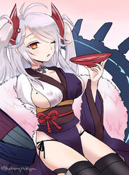  alcohol antenna_hair azur_lane black_panties black_thighhighs breasts brown_eyes commentary_request covered_nipples cross cup female gradient_background groin headgear holding holding_cup iron_cross japanese_clothes kimono large_breasts long_sleeves looking_at_viewer mole mole_on_breast multicolored_clothes multicolored_kimono nanopai_kakumeikokonoyu obi official_alternate_costume one_eye_closed panties parted_lips pink_background prinz_eugen_(azur_lane) prinz_eugen_(profusion_of_flowers)_(azur_lane) purple_kimono sakazuki sake sash side-tie_panties sideboob sideless_kimono sitting solo swept_bangs thighhighs twitter_username two_side_up underwear white_hair white_kimono wide_sleeves 