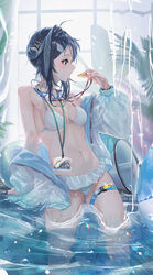  absurdres ahoge arknights ball bare_shoulders beachball bikini black_hair blue_eyes blue_jacket blush breasts cleavage feather_hair female frilled_bikini frills goggles goggles_around_neck hair_bun hair_ornament hairclip highres id_card indoors jacket jacket_over_swimsuit la_pluma_(arknights) la_pluma_(summer_flowers)_(arknights) long_sleeves looking_away looking_to_the_side megaphone monge_baby navel off_shoulder official_alternate_costume open_clothes open_jacket parted_lips photoshop_(medium) pool profile short_hair single_hair_bun single_side_bun sitting soaking_feet solo stomach swimsuit thigh_strap unzipped water whistle whistle_around_neck white_bikini window wing_hair_ornament x_hair_ornament 