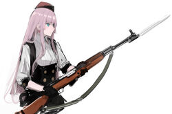  bayonet beret black_dress black_gloves blue_eyes closed_mouth collared_shirt commentary dress ear_piercing earrings female from_side girls&#039;_frontline gloves gun hair_between_eyes hat highres holding holding_gun holding_weapon jewelry long_hair looking_away piercing pink_hair rampart1028 red_hat rifle shirt sidelocks simonov_(girls&#039;_frontline) sks solo standing star_(symbol) upper_body weapon 