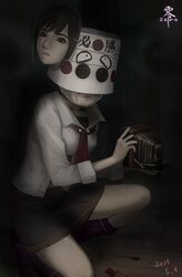  blood breasts camera closed_mouth dated fatal_frame fatal_frame_1 female haruyama_kazunori highres hinasaki_miku looking_at_viewer mask school_uniform skirt solo 